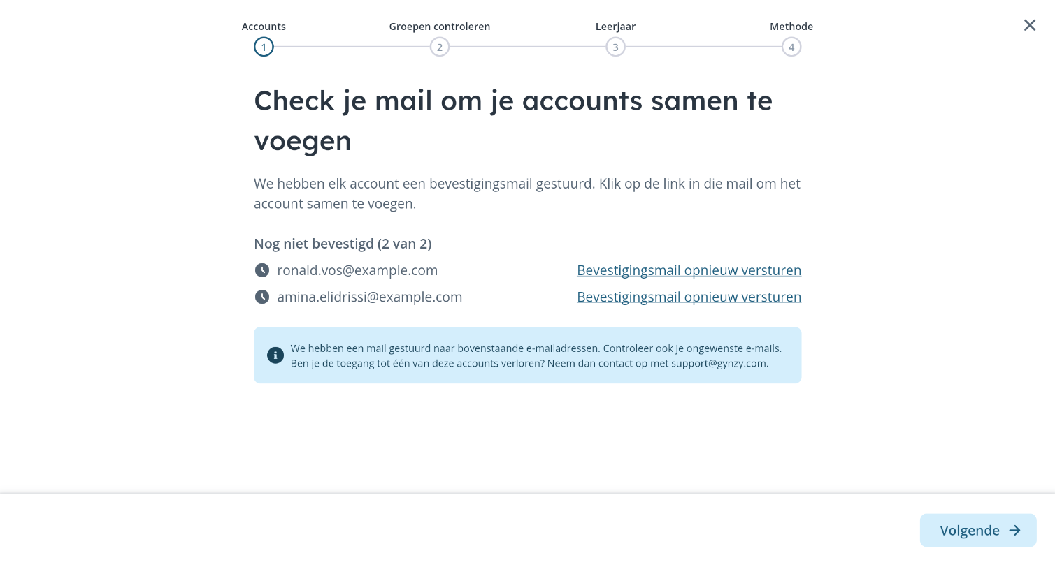 Step asking the teacher to confirm each account through a confirmation email, with an option to resend